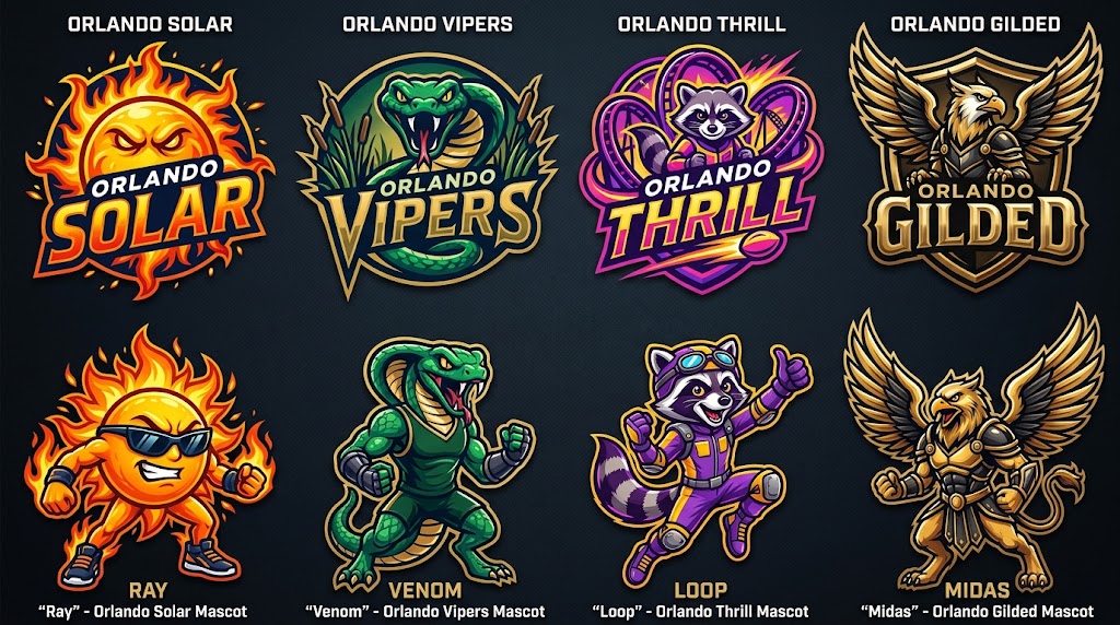 Orlando four candidate logos and mascots, left to right: Solar, mascot Ray; Vipers, mascot Venom; Thrill, mascot Loop; Gilded, mascot Midas