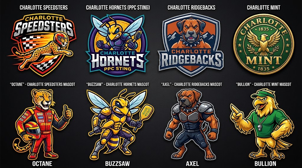 Charlotte four candidate logos and mascots, left to right: Speedsters, mascot Octane; Hornets (PPC Sting), mascot Buzzsaw; Ridgebacks, mascot Axel; Mint, mascot Bullion