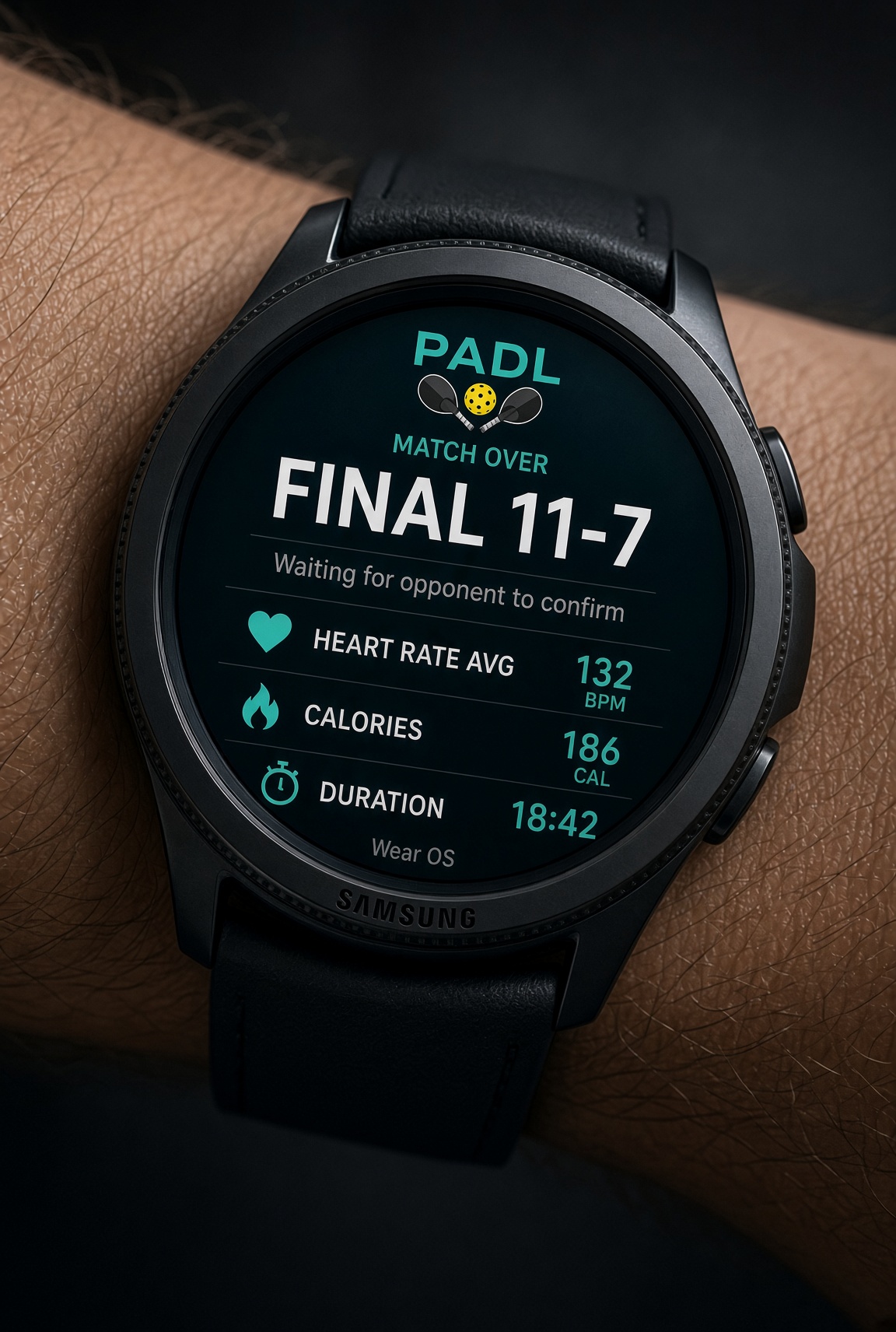 A Wear OS watch showing the final match score with heart rate, calories and duration waiting for opponent confirmation