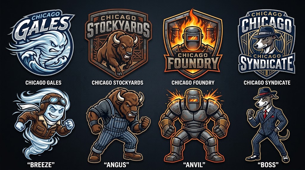 Chicago four candidate logos and mascots, left to right: Gales, mascot Breeze; Stockyards, mascot Angus; Foundry, mascot Anvil; Syndicate, mascot Boss