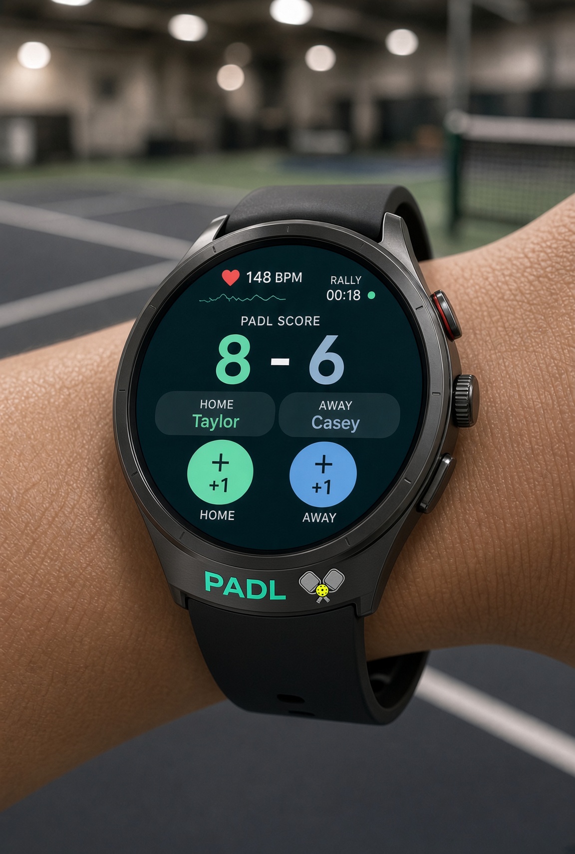 A round Galaxy Watch on court showing the PADL live scoreboard with scoring buttons for each side