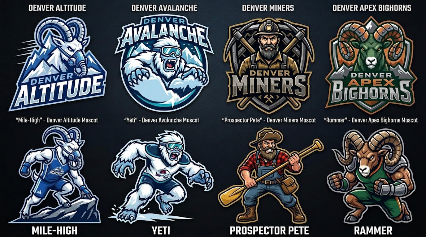 Denver four candidate logos and mascots, left to right: Altitude, mascot Mile-High; Avalanche, mascot Yeti; Miners, mascot Prospector Pete; Apex Bighorns, mascot Rammer