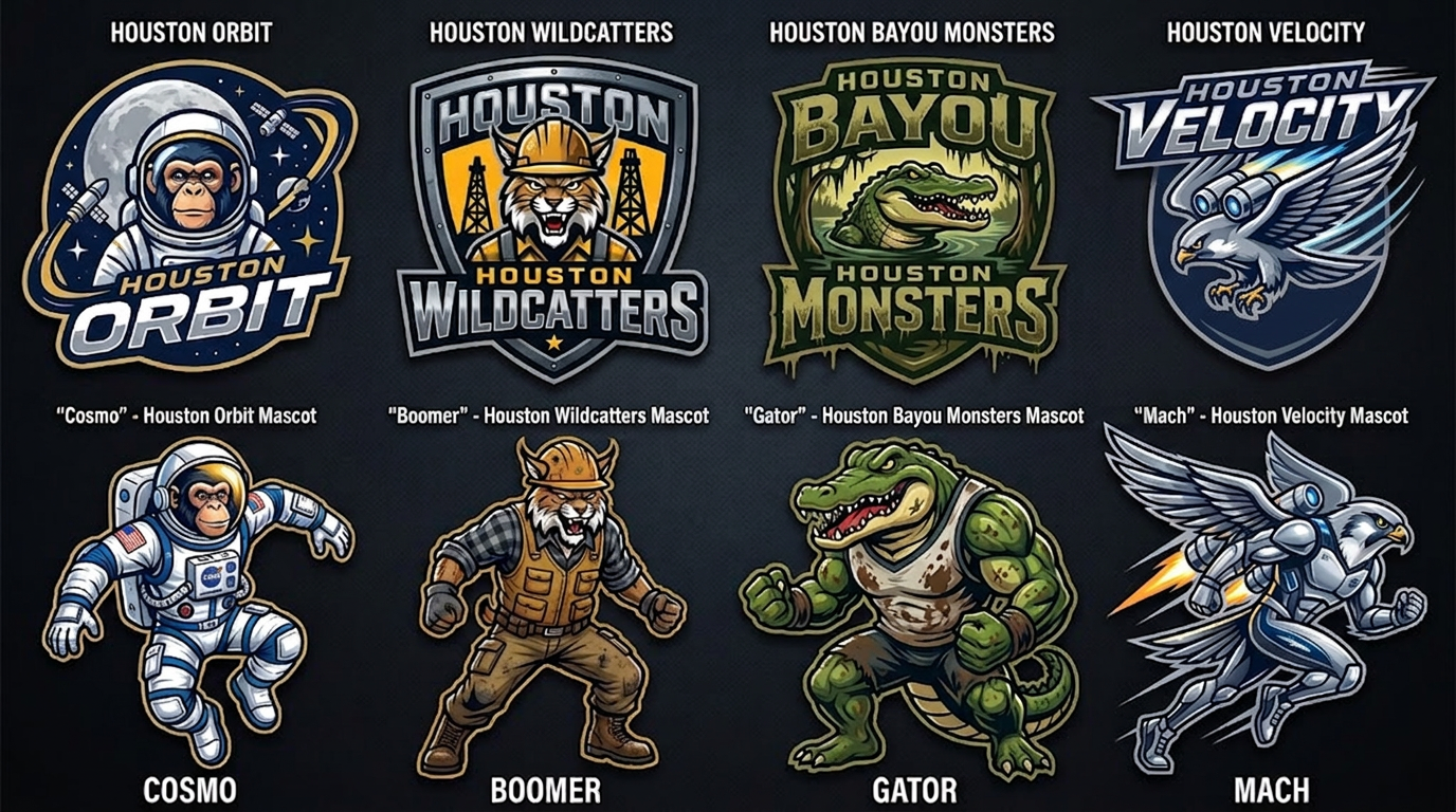 Houston four candidate logos and mascots, left to right: Orbit, mascot Cosmo; Wildcatters, mascot Boomer; Bayou Monsters, mascot Gator; Velocity, mascot Mach