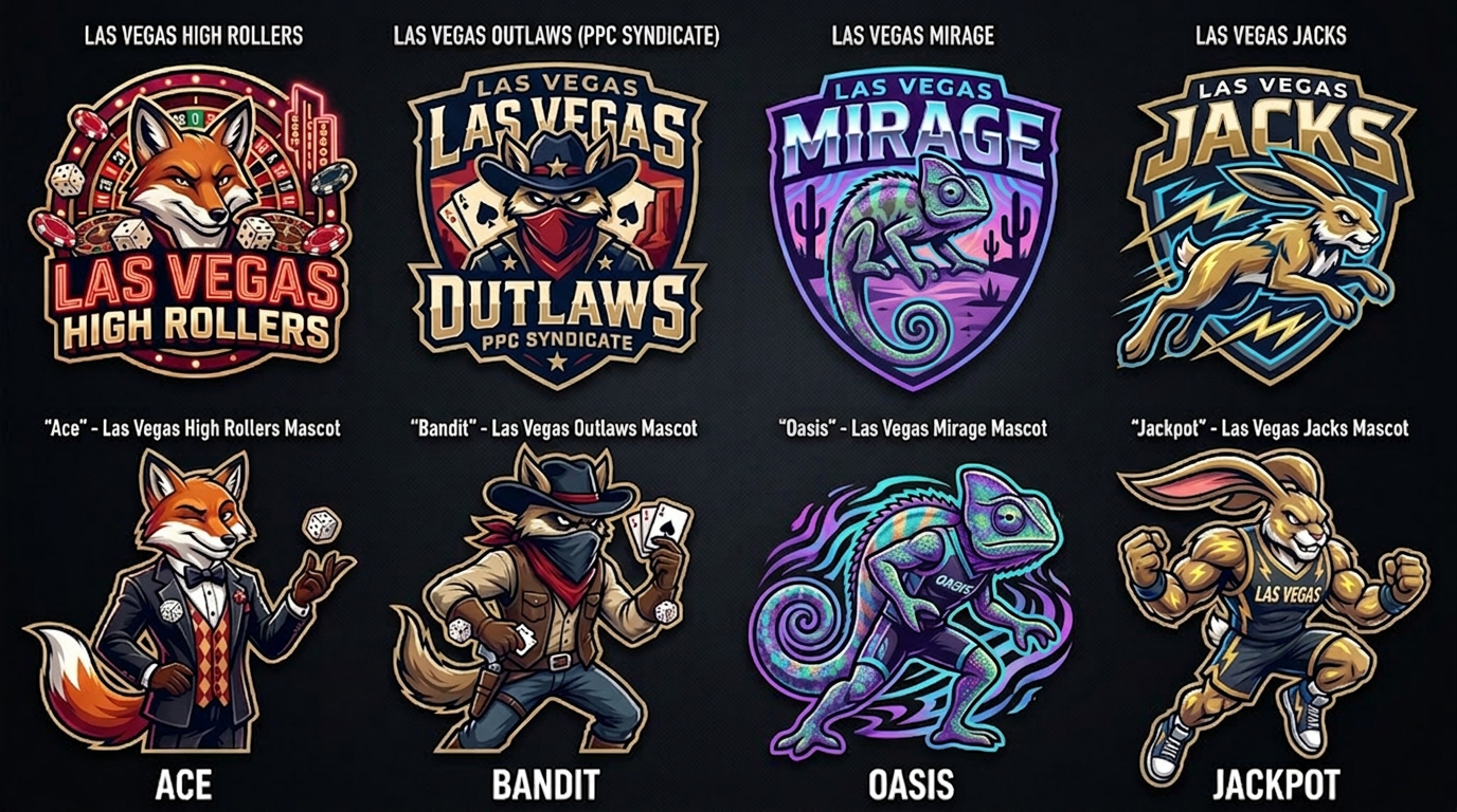 Las Vegas four candidate logos and mascots, left to right: High Rollers, mascot Ace; Outlaws (PPC Syndicate), mascot Bandit; Mirage, mascot Oasis; Jacks, mascot Jackpot