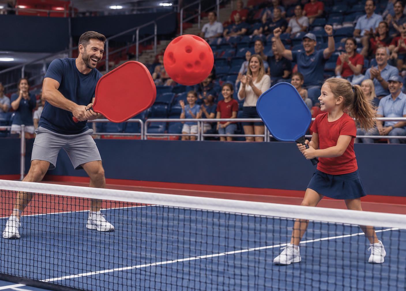 Concept of a family participating in a fan game with oversized equipment and a soft foam ball