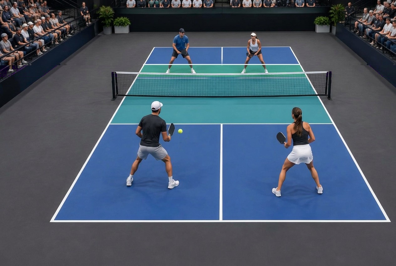 Four doubles players holding pickleball paddles on an indoor court with marked kitchen zones