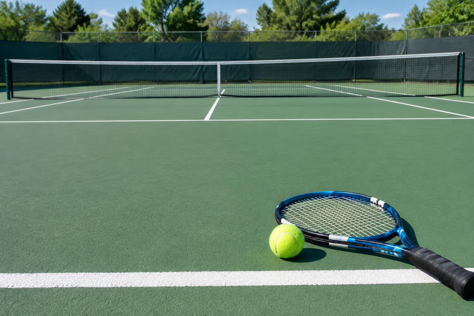 Tennis racket and ball on an outdoor tennis court